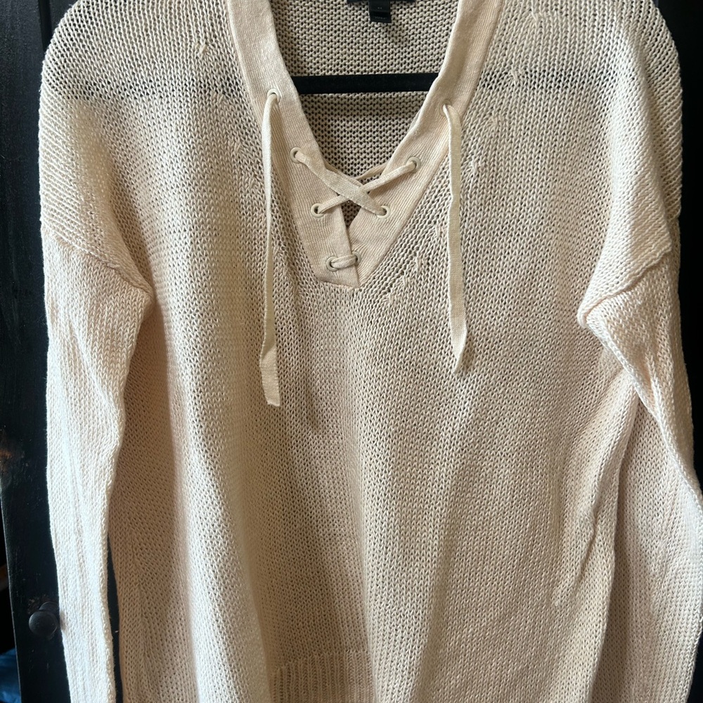 J. Crew Cream V-Neck Lace-Up Sweater